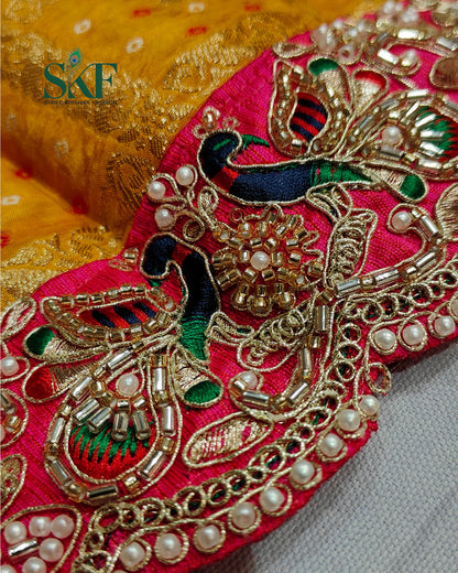 KHADI NEEM JARI GEORGETTE GHATCHOLA BHANDHANI HEAVY WORK BORDER YELLOW SAREE BY SKFBHOLUBHAI
