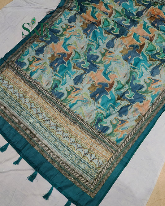 CHANDERI COTTON BRUSH PRINT KHATHA WORK TEAL BLUE SAREE BY SKFBHOLUBHAI