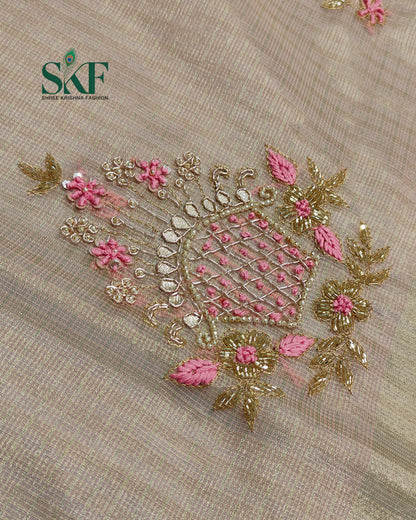 DORIYA TISSUE MULTI WEAVING HANDWORK BUTTA PEACH PINK SAREE BY SKFBHOLUBHAI