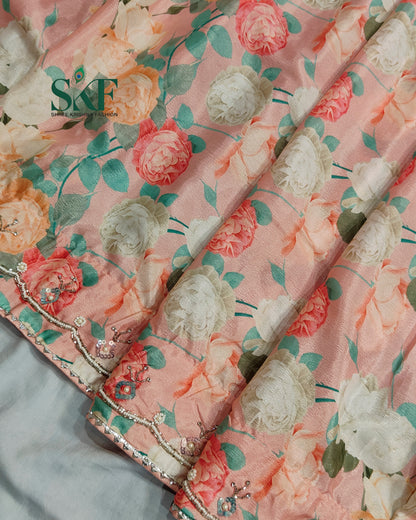 CHINON FLORAL DIGITAL PRINT HANDWORK BLUSHPINK SAREE BY SKFBHOLUBHAI