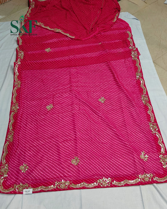 GEORGETTE MODHA LEHRIYA GOTTA PEARL HANDWORK RANIPINK SAREE BY SKFBHOLUBHAI