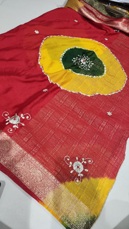 JAIPURI CHINON WITH KACHHA GOTA WORK GHEVAR BANDHEJ RED COLOUR SAREE