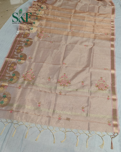 DORIYA TISSUE MULTI WEAVING HANDWORK BUTTA PEACH PINK SAREE BY SKFBHOLUBHAI