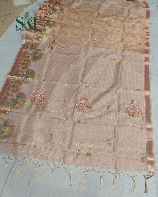 DORIYA TISSUE MULTI WEAVING HANDWORK BUTTA PEACH PINK SAREE BY SKFBHOLUBHAI