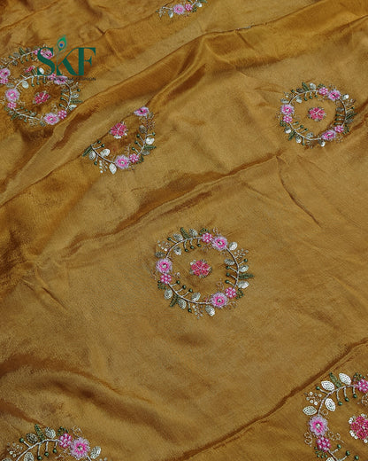 CHINON SEQUENCE EMBROIDERY WEAVING  WORK MUSTARD SAREE BY SKFBHOLUBHAI