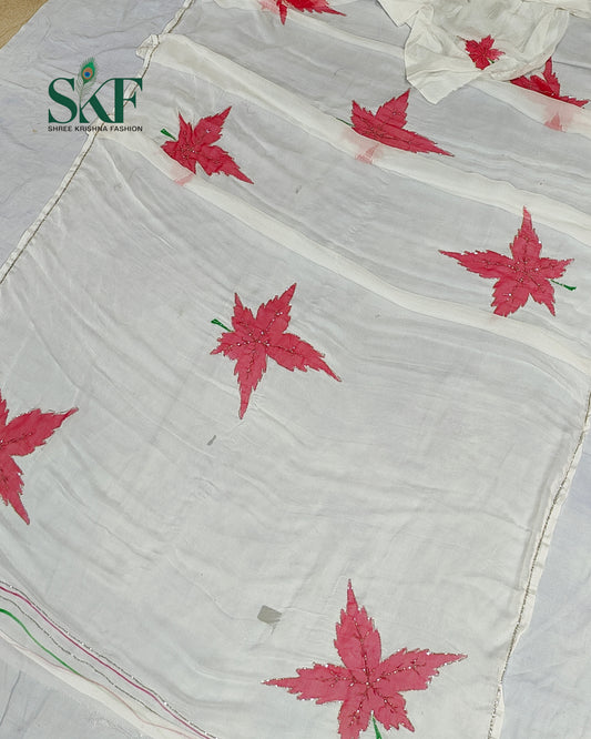 CHIFFON BRUSH PRINT LEAF KARDANA HANDWORK BUTTY WHITE SAREE BY SKFBHOLUBHAI