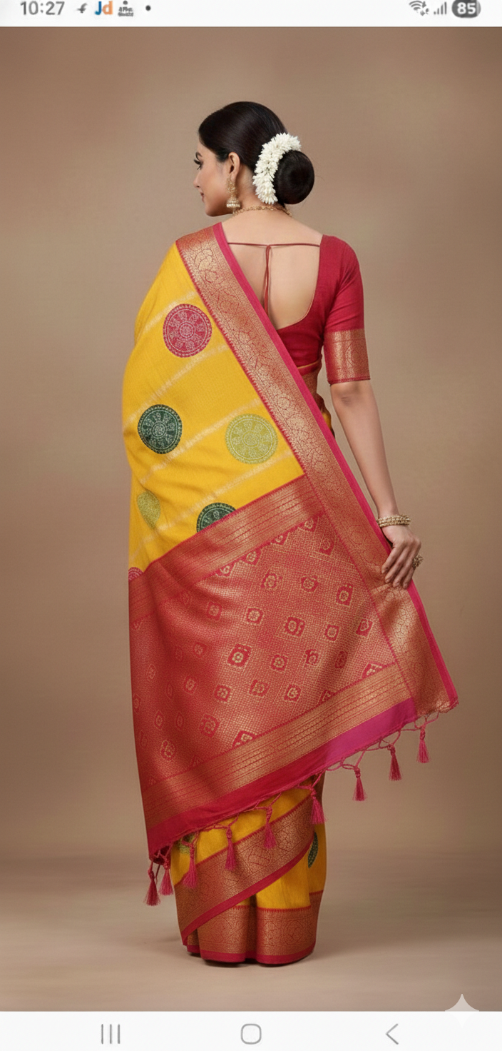 TRADITIONAL FESTIVAL YELLOW COLOUR BANDHANI SAREE BY SKFBHOLUBHAI