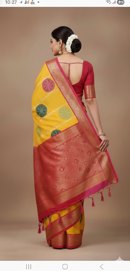 TRADITIONAL FESTIVAL YELLOW COLOUR BANDHANI SAREE BY SKFBHOLUBHAI