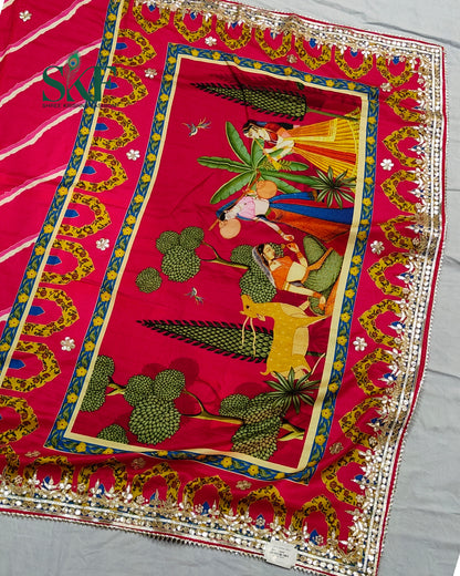 TUSSAR SILK LEHRIYA HAND GOTTA DIGITAL PRINT WORK RANI PINK SAREE BY SKFBHOLUBHAI