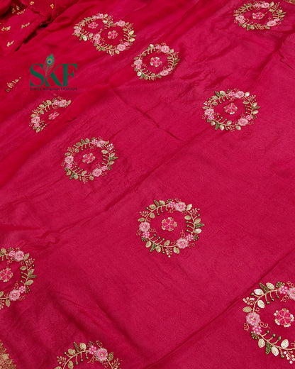 CHINON SEQUENCE EMBROIDERY WEAVING  WORK RANIPINK SAREE BY SKFBHOLUBHAI