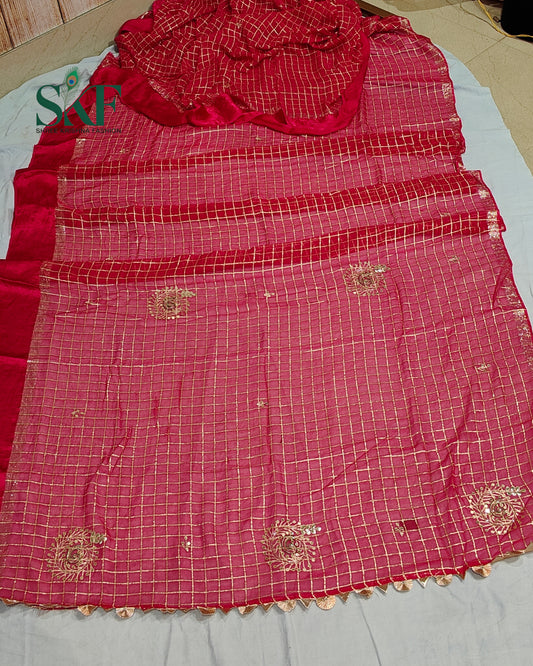 VISCOSS GEORGETTE AARI GOTTA CHEKERD SATIN BORDER WORK RANIPINK SAREE BY SKFBHOLUBHAI