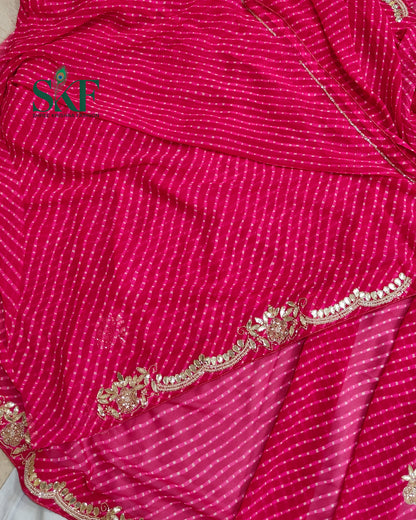 GEORGETTE MODHA LEHRIYA GOTTA PEARL HANDWORK RANIPINK SAREE BY SKFBHOLUBHAI