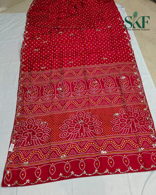 MODAL SILK BHANDHANI HANDWORK BUTTA RED SAREE BY SKFBHOLUBHAI