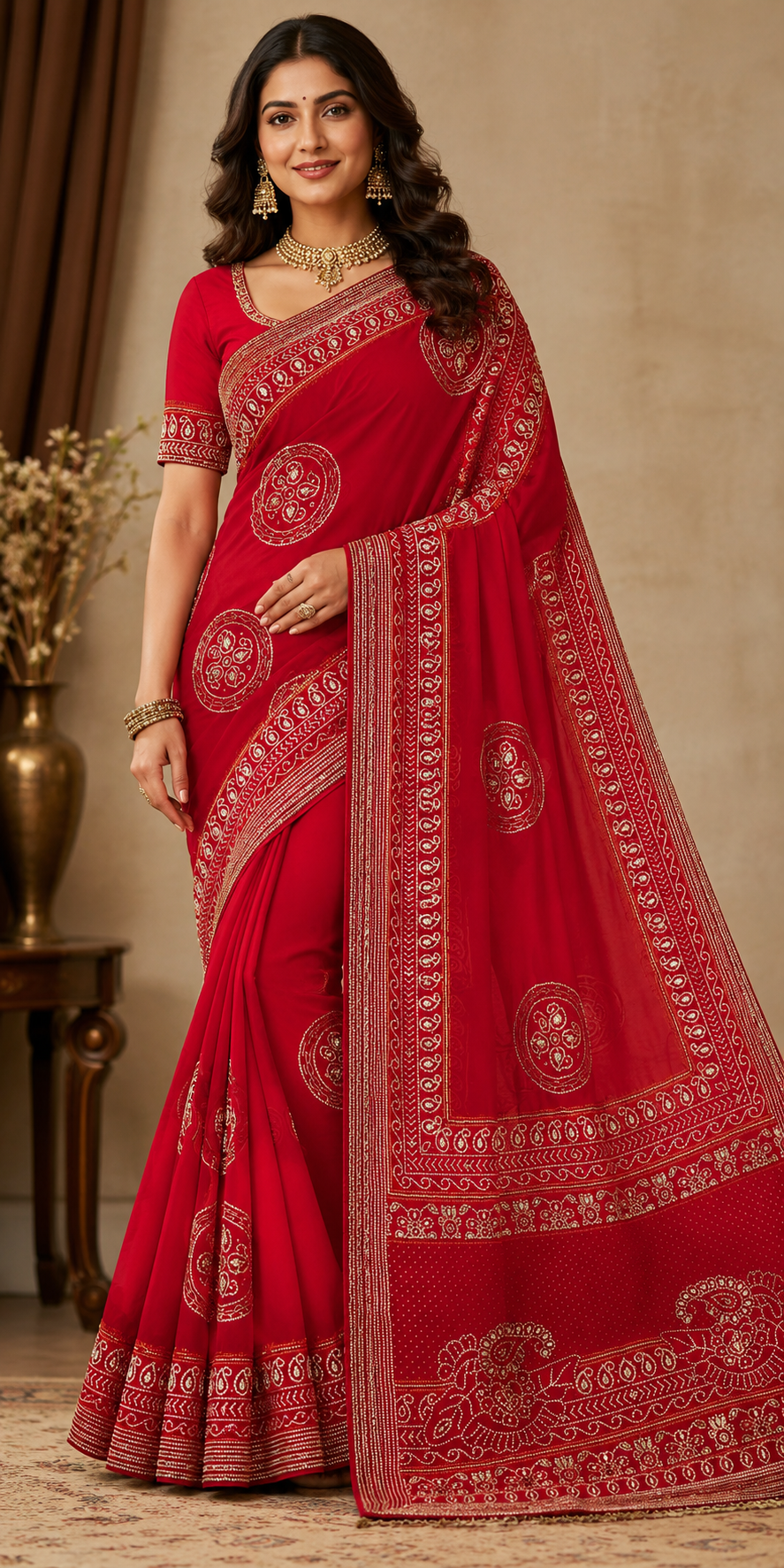 RAJASTHANI KARWACHOTH SPEICEL RED COLOUR SAREE GERMAN CHIFFON FABRIC WITH GOTA AND CUTDANA WORK BY SKFBHOLUBHAI
