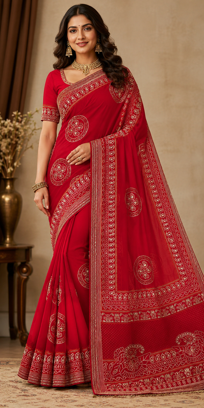 RAJASTHANI KARWACHOTH SPEICEL RED COLOUR SAREE GERMAN CHIFFON FABRIC WITH GOTA AND CUTDANA WORK BY SKFBHOLUBHAI