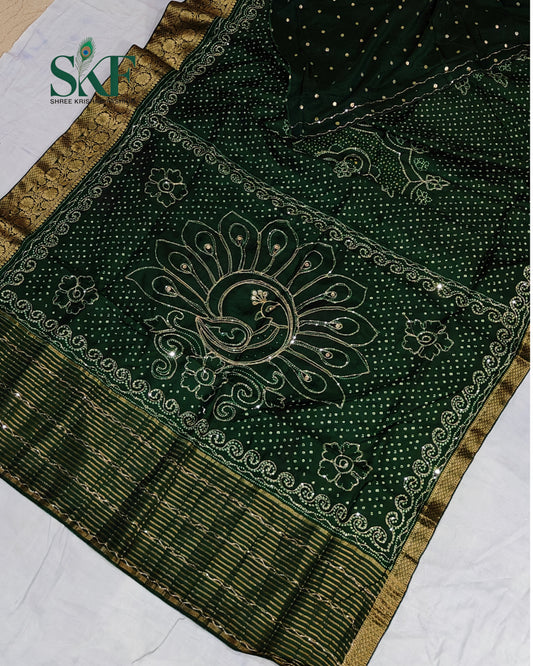 HO SILK BHANDHANI PEACOCK MOTIF AARI AND SEQUENCE WORK BOTTLE GREEN SAREE BY SKFBHOLUBHAI