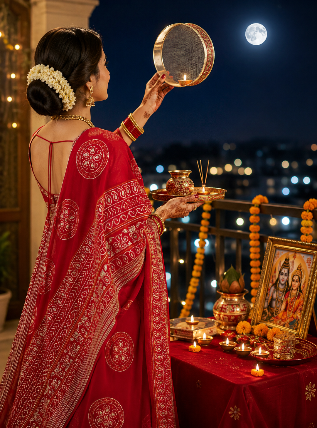 RAJASTHANI KARWACHOTH SPEICEL RED COLOUR SAREE GERMAN CHIFFON FABRIC WITH GOTA AND CUTDANA WORK BY SKFBHOLUBHAI