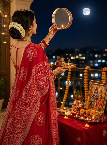 RAJASTHANI KARWACHOTH SPEICEL RED COLOUR SAREE GERMAN CHIFFON FABRIC WITH GOTA AND CUTDANA WORK BY SKFBHOLUBHAI