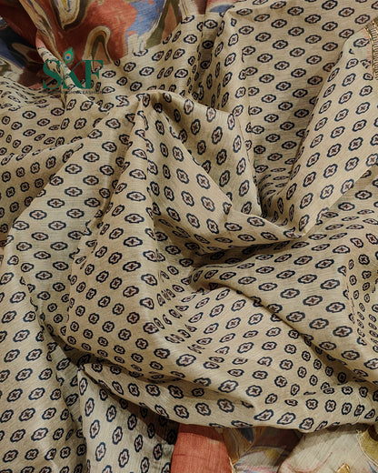 CHANDERI COTTON BRUSH PRINT KHATHA WORK BROWN SAREE BY SKFBHOLUBHAI