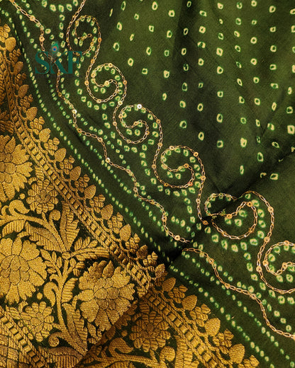 HO SILK BHANDHANI PEACOCK MOTIF AARI AND SEQUENCE WORK BOTTLE GREEN SAREE BY SKFBHOLUBHAI