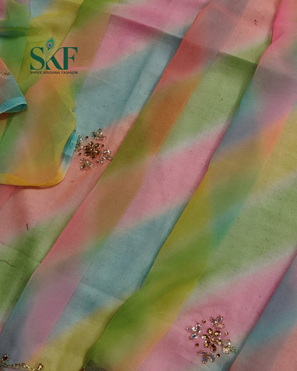 GEORGETTE 30×30 LEHRIYA KUNDAN HANDWORK MULTICOLOUR SAREE BY SKFBHOLUBHAI