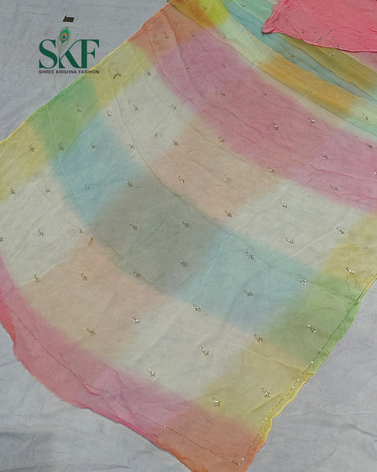 CHIFFON OMBRE DYE KARDANA  HANDWORK BUTTY MULTICOLOUR SAREE BY SKFBHOLUBHAI